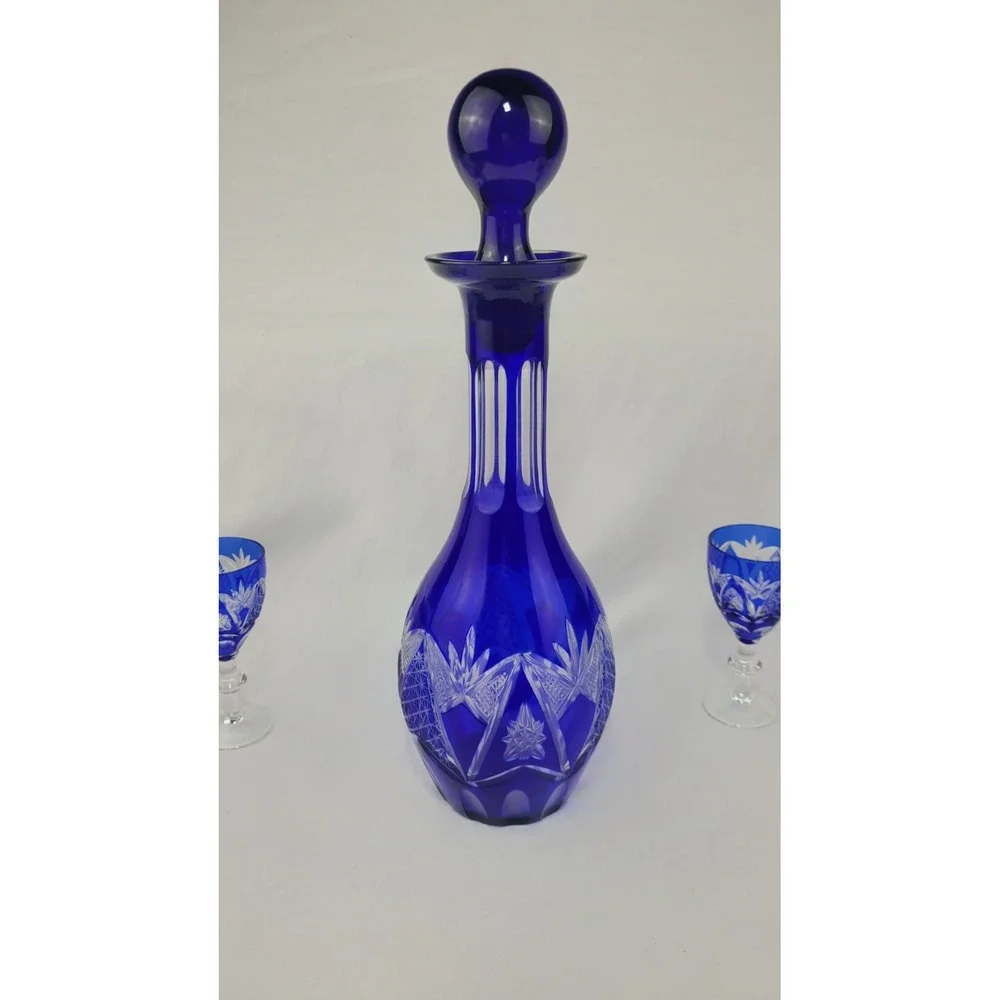 Vintage Bohemian Cobalt Blue Cut to Clear Crystal Decanter 5 Cordial Glasses Set